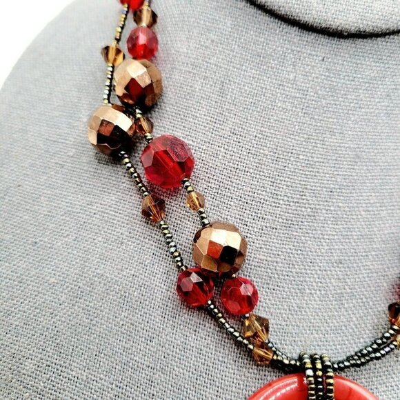 Lia Sophia Collar Necklace Double Strand Red Glass Pendant Faceted Glass Beads - Picture 4 of 6